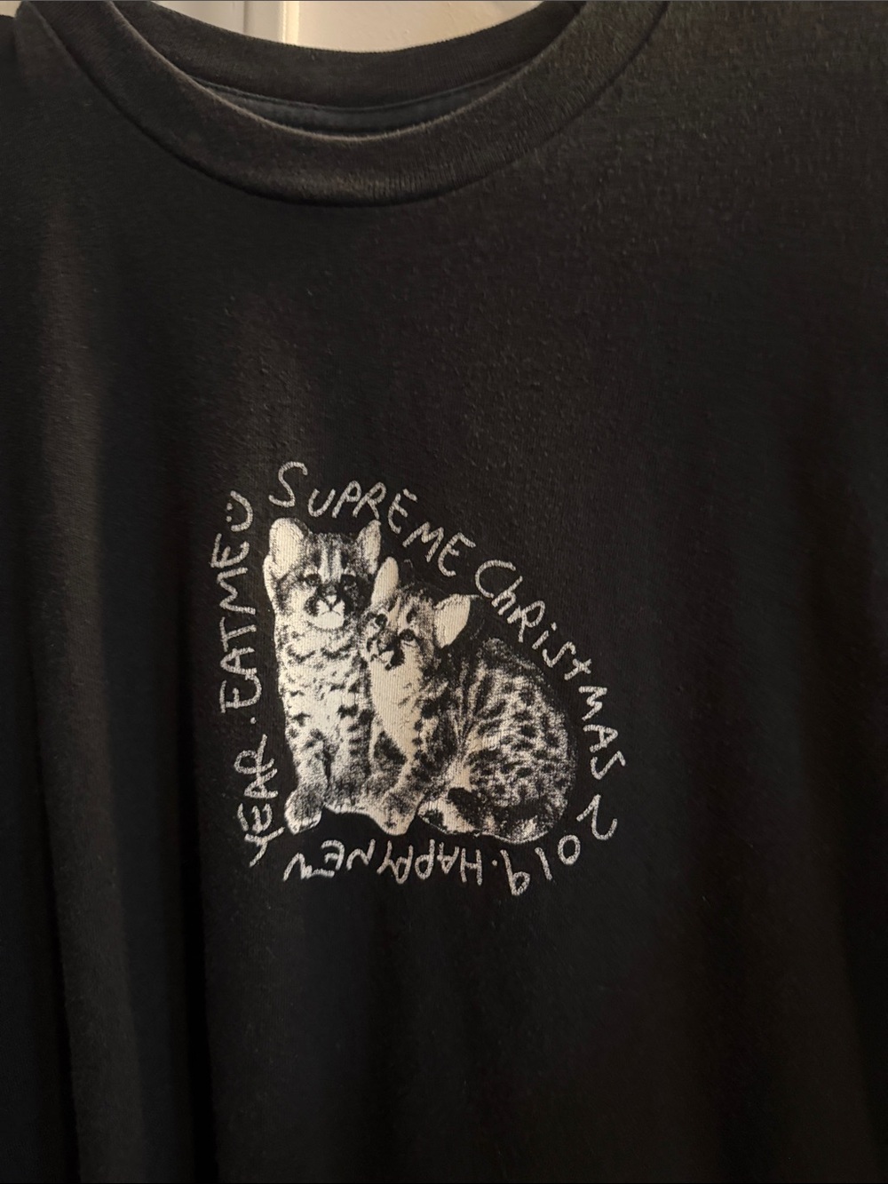 Supreme Black Tee with White Kitten Graphic